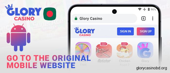 Visit the Glory Casino website on your Android device