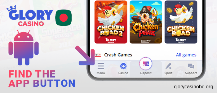 Find the button to download the Glory Casino app APK