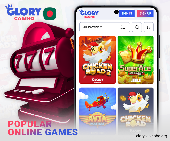 Games section in the Glory Casino app - play online slots