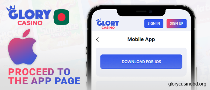 Go to the Glory Casino app download page for iPhone