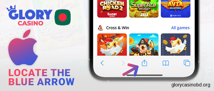 Find the blue arrow at the bottom of Safari to install Glory Casino