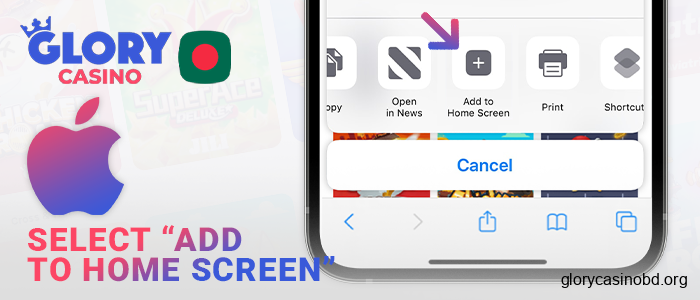 Select Add to Home Screen for the Glory Casino app