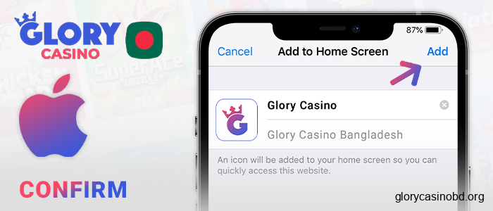 Confirm adding the Glory Casino app to your iOS device