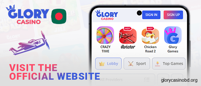 Visit the Glory Casino website on Android device for Aviator