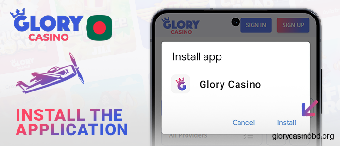 Install the Glory Casino apk file to play Aviator