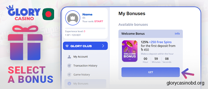 Select a bonus offer at Glory Casino online