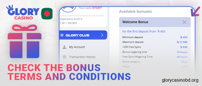 Check out the bonus terms and conditions on the Glory Casino website
