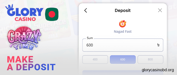 Top up Glory Casino account to bet real money on Crazy Time
