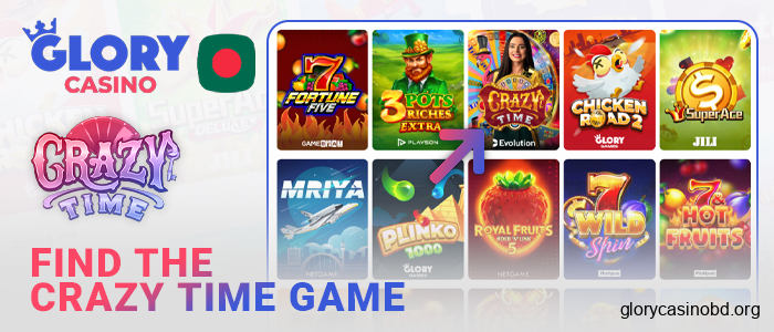Find the Crazy Time live game at Glory Casino online
