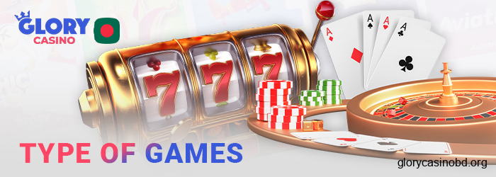 Games available at Glory Casino online - table games, slots, crash games, and more