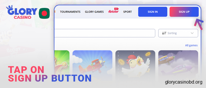 Click on the Registration button in the Glory Casino menu