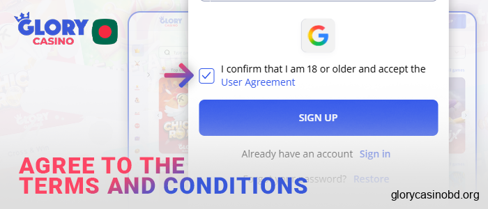 Agree to the terms and conditions for creating a Glory Casino account